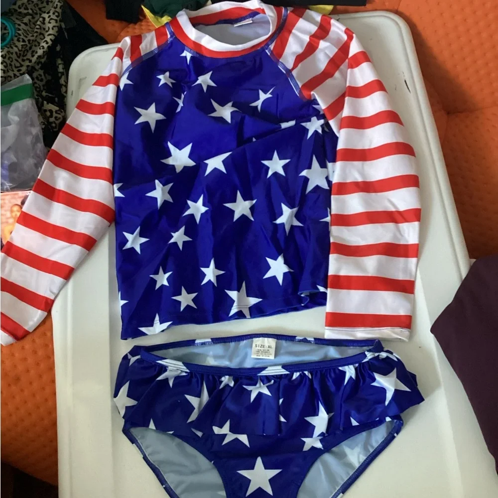 Kids Girls USA Two Piece Long Sleeve Swimwear Starry Blue and Red Swim‎ Set 6-7y